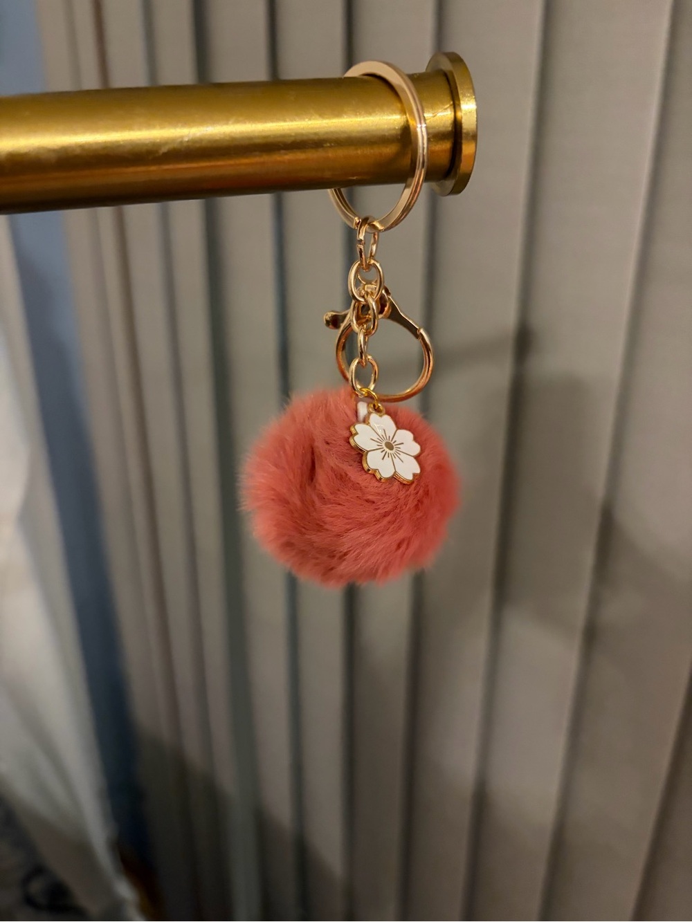 Faux Fur Pom Pom Bag Charm Keychain with Flower- Coral Pink